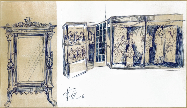 View of the first temporary exhibition, “The evolution of Greek costume”. Sketch by Elli Solomonidi-Balanou, 1988. Donated by Elli Solomonidi-Balanou (2018).